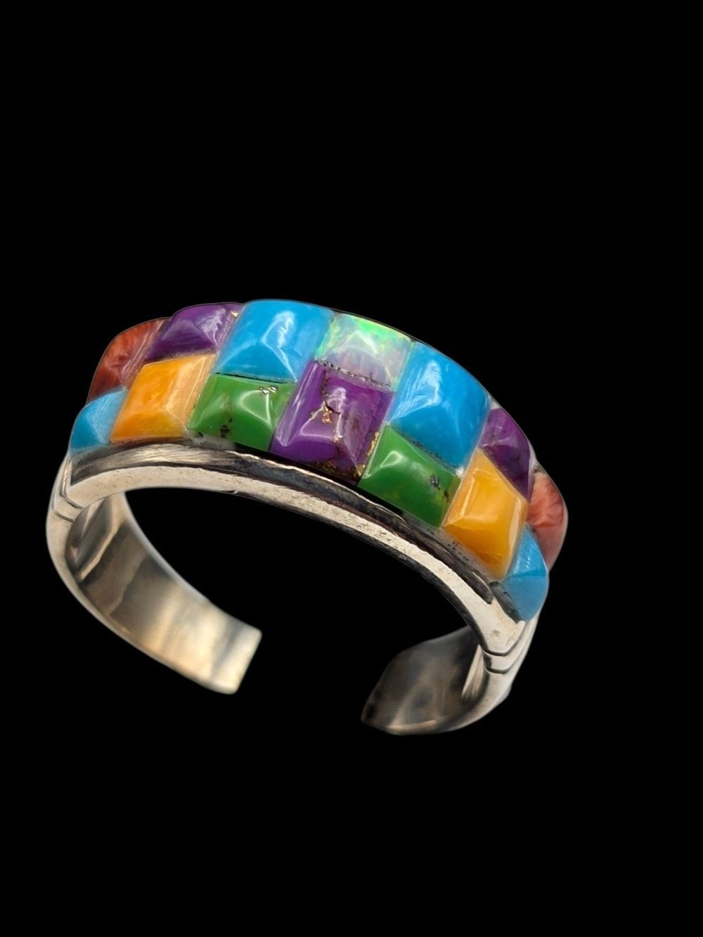 Sterling Silver Multicolor Inlay Band Ring 10.5 Leaf Mark 6g